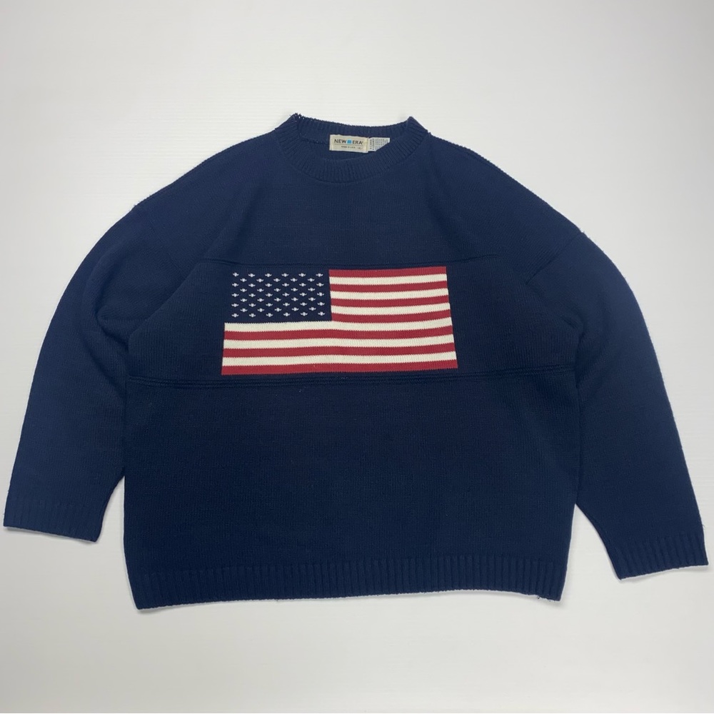Vintage New Era USA Flag Heavy Knit Acrylic USA Made Navy Sweater Size XL